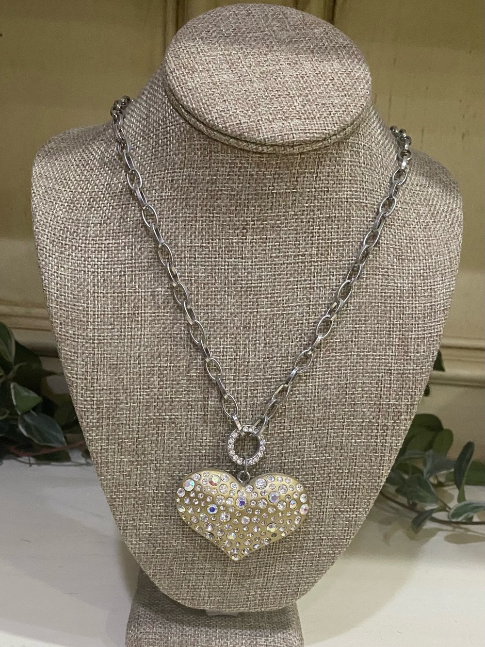 Gold Rhinestone Heart Pendant Necklace AB Crystal Statement 12-15”